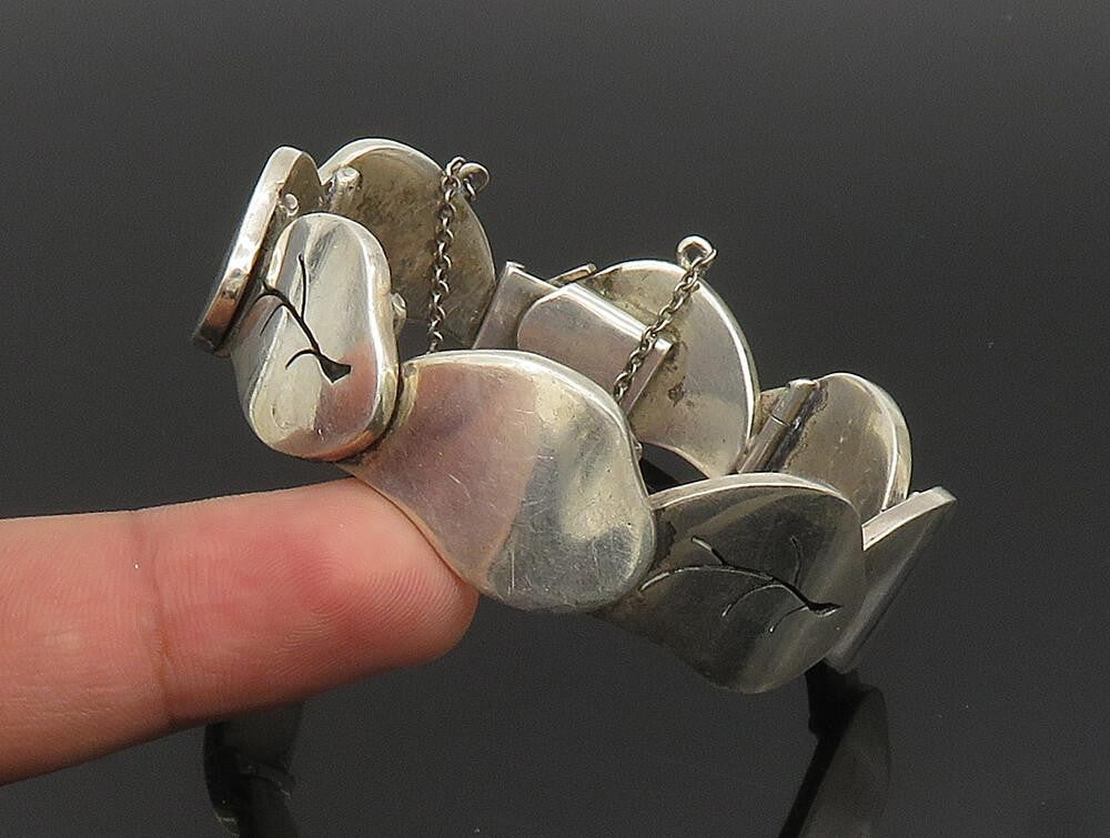 DESIGNER 925 Sterling Silver Vintage Carved Leaf Pattern Link Bracelet BT9445