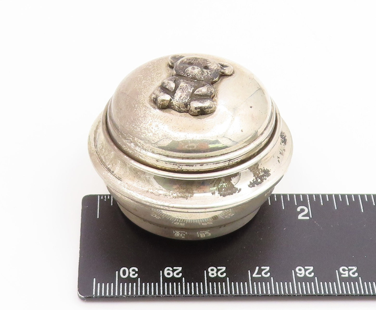 925 Sterling Silver Vintage Trinket Box VOURAKIS Carved Teddy Bear Motif  TR4220