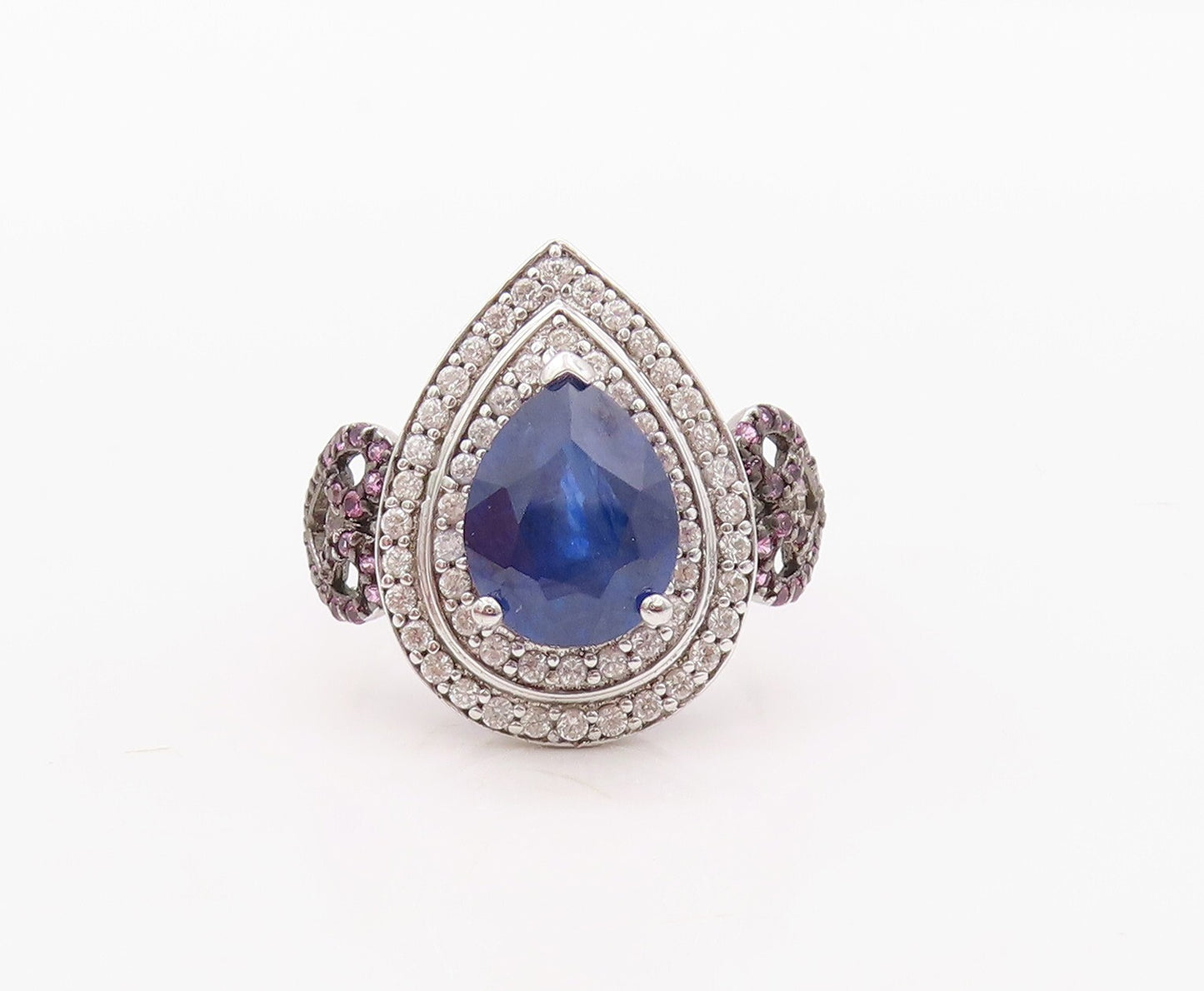 925 Sterling Silver Vintage Ring Drop Cut Sapphire Halo 2 Tone CZ  Sz 7  RG30839