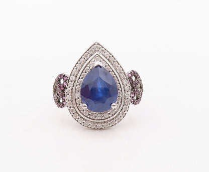 925 Sterling Silver Vintage Ring Drop Cut Sapphire Halo 2 Tone CZ  Sz 7  RG30839