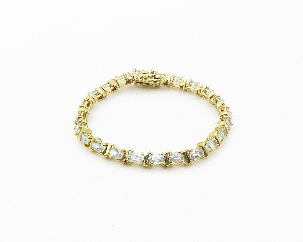 925 Sterling Silver  Prong Set Blue Topaz Gold Plated Chain Bracelet  BT6743