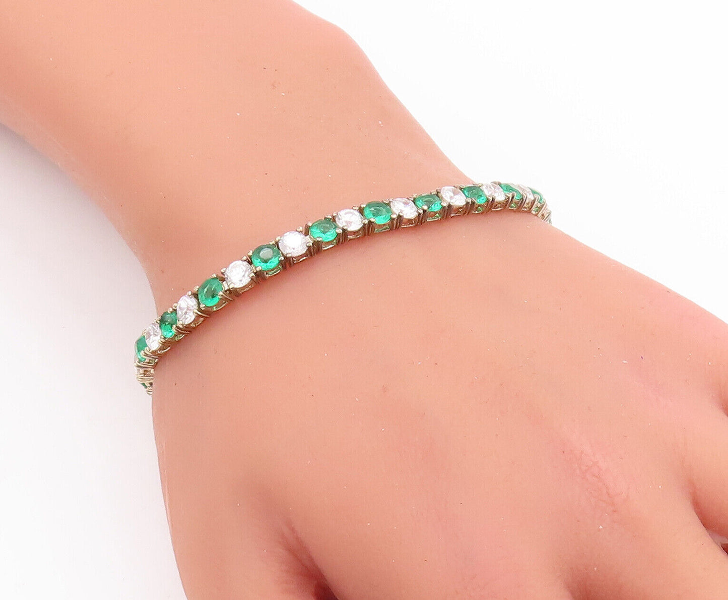 925 Sterling Silver Vintage Bracelet Gold Plated Round Green White Topaz BT10621