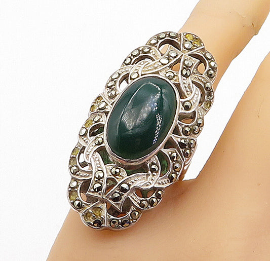 925 Silver  Vintage Victorian Carnelian & Marcasite Cocktail Ring Sz 8  RG4375