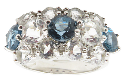 925 Sterling Silver  Blue & White Topaz 3 Row Shiny Band Ring Sz 5  RG11723