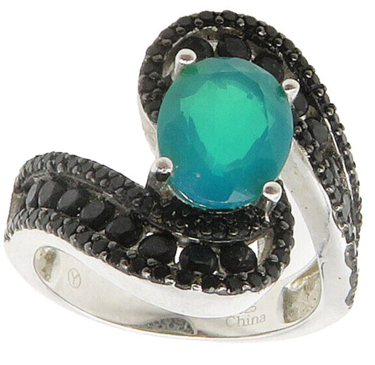925 Sterling Silver  Green Stone & Black Hematite Bypass Ring Sz 6  RG15260