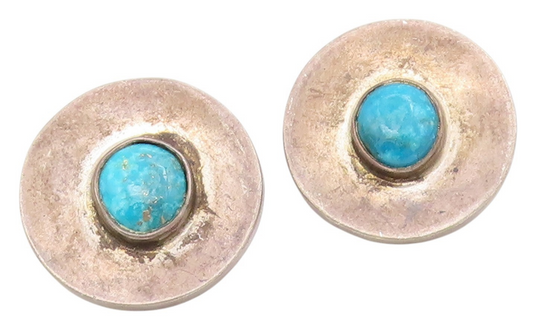 925 Sterling Silver Vintage Earrings MEXICO Turquoise Circular Clip On  EG13955