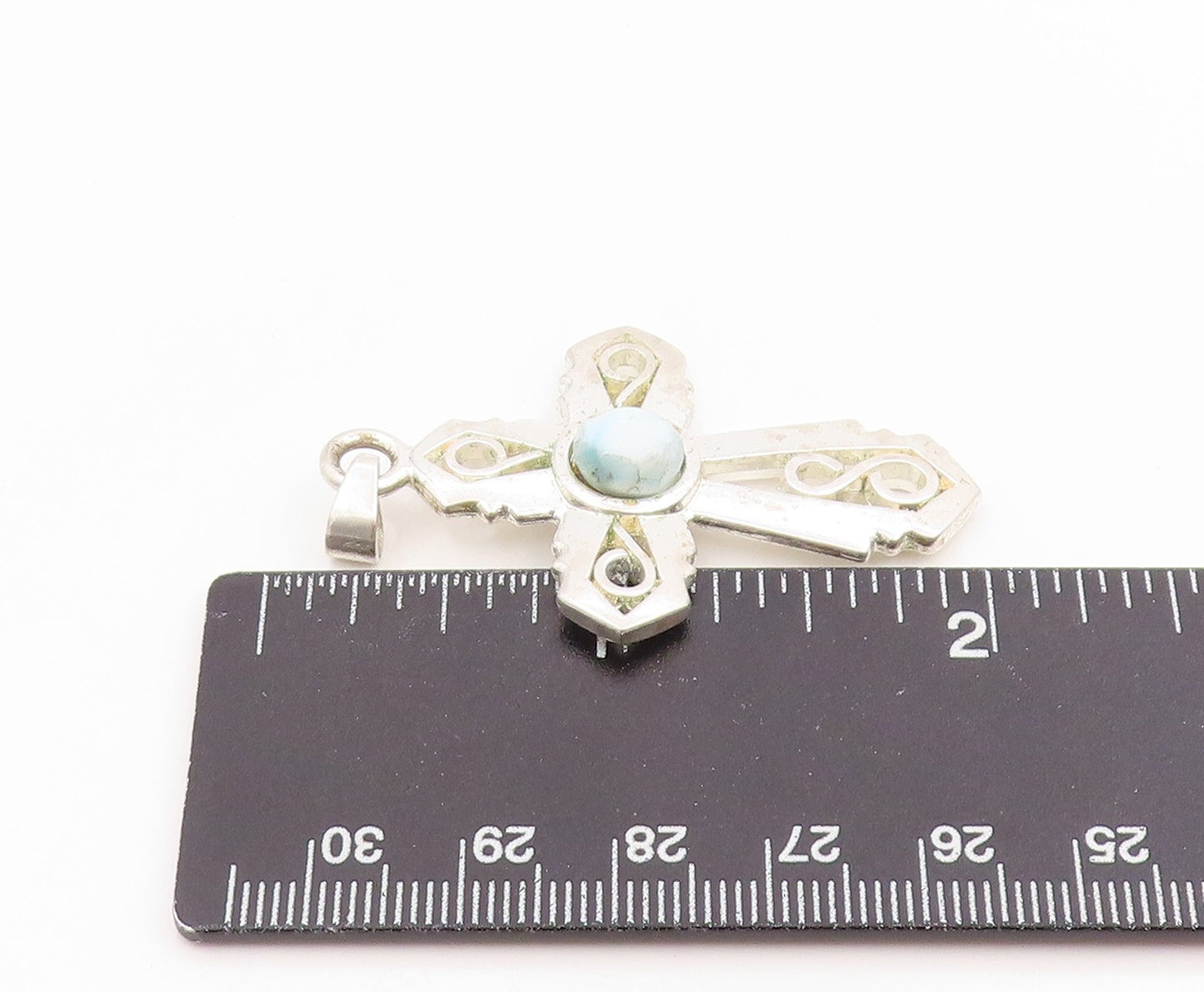 925 Sterling Silver Vintage Pendant Cabochon Larimar Religious Cross  PT26113