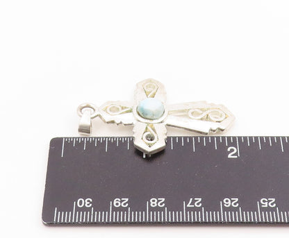 925 Sterling Silver Vintage Pendant Cabochon Larimar Religious Cross  PT26113