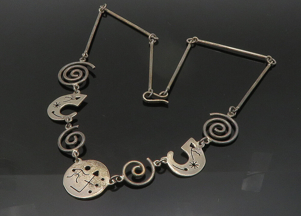 MEXICO 925 Silver  Vintage Dark Tone Spiral Bar Link Chain Necklace  NE3549