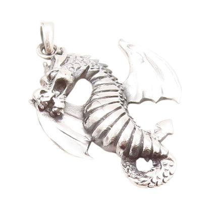 925 Sterling Silver Vintage Pendant Dark Tone Chinese Wyvern Dragon  PT24221