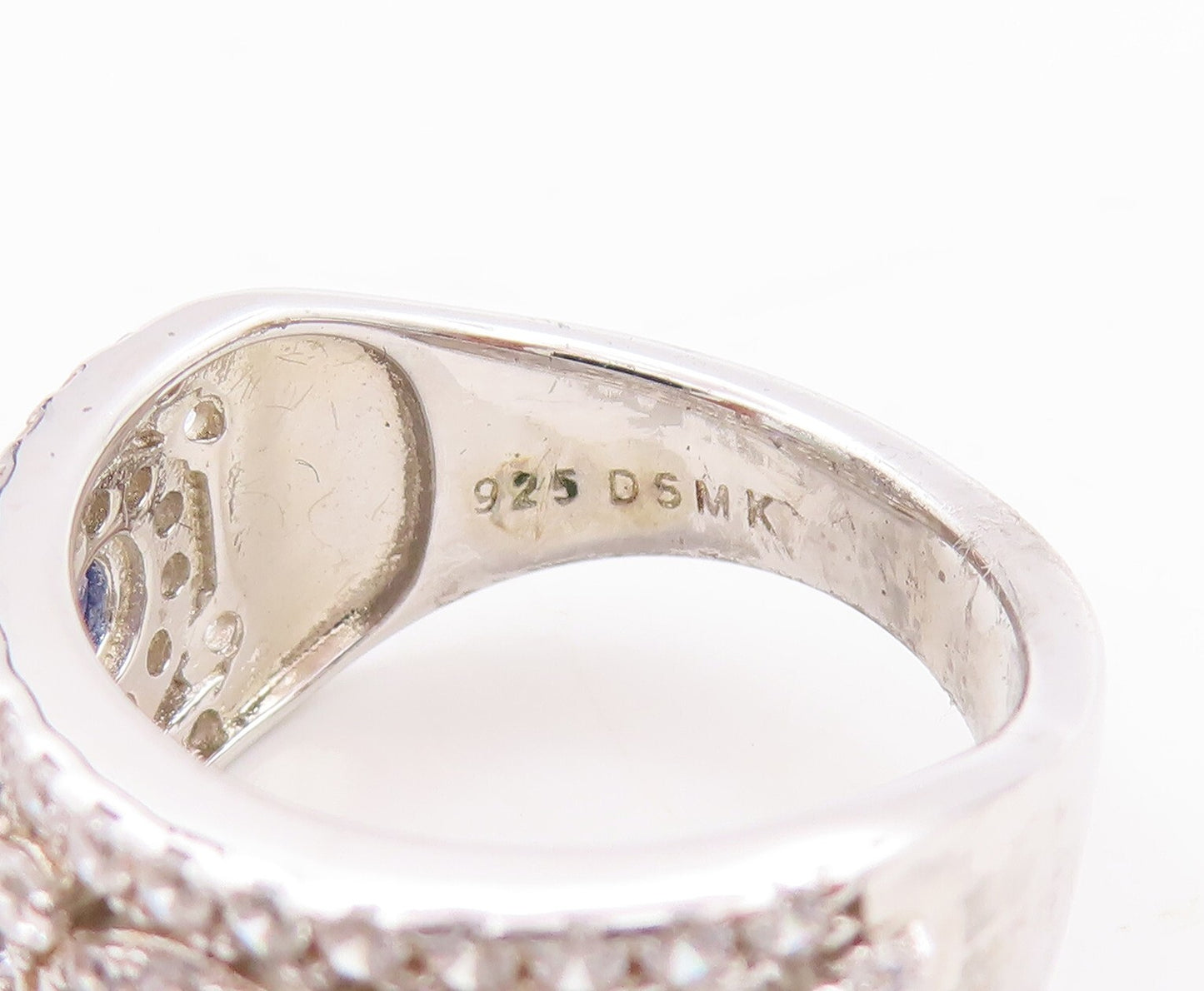 925 Sterling Silver Vintage Ring Round Cut Blue Halo White CZ  Sz 7  RG29494