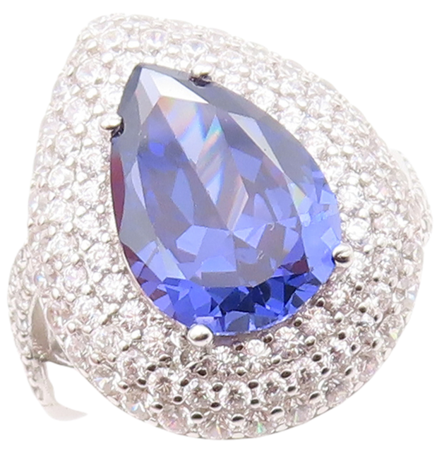 925 Sterling Silver Vintage Ring Drop Cut Sapphire Halo CZ Inlay  Sz 7  RG30509