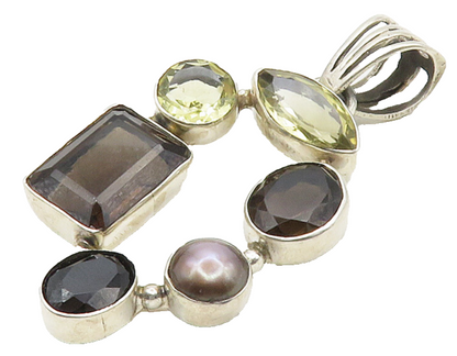 925 Sterling Silver  Blue Pearl Smoky Topaz & Hematite Shiny Pendant  PT12328