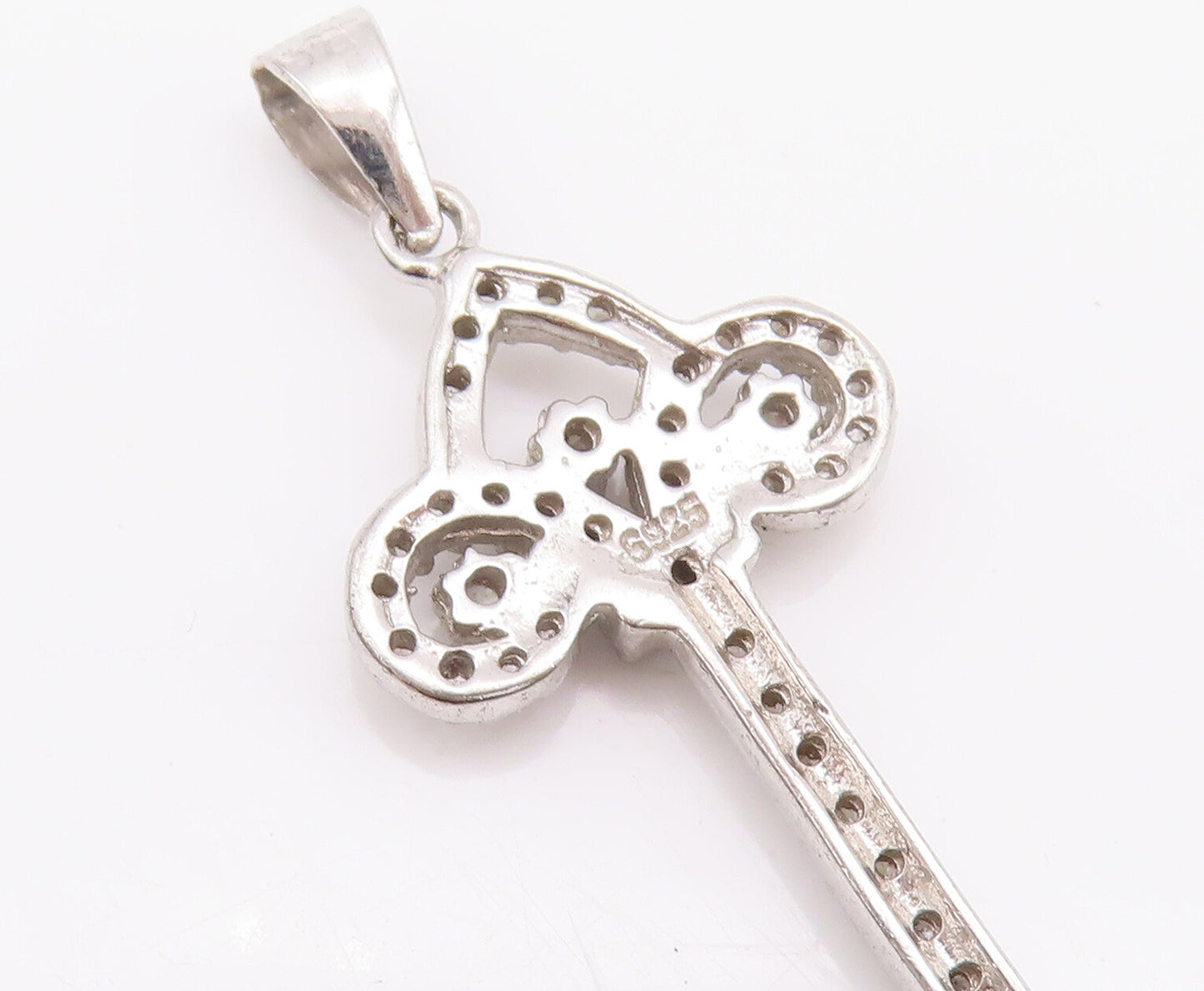925 Sterling Silver Vintage Pendant Swirly Cutout Carved CZ Inlay Key  PT23102