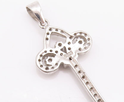 925 Sterling Silver Vintage Pendant Swirly Cutout Carved CZ Inlay Key  PT23102