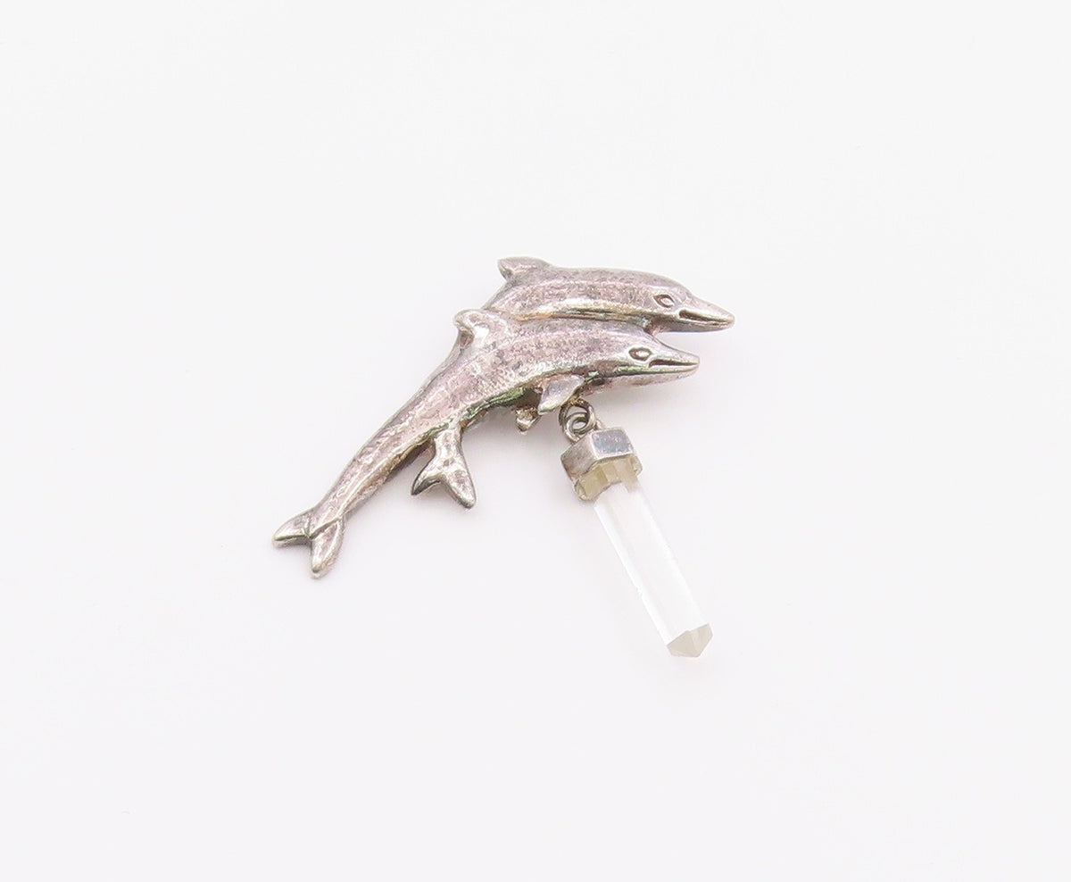 925 Sterling Silver  Vintage White Topaz Wand Double Dolphins Pendant  PT15846