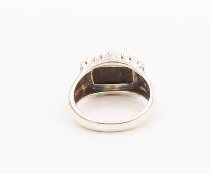 925 Sterling Silver Vintage Ring Rectangle Tiger's Eye Beaded Frame Sz 8 RG29131