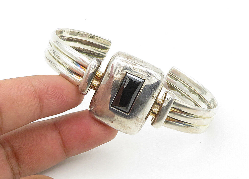 RAGE 925 Sterling Silver  Vintage Hematite Shiny Ribbed Cuff Bracelet  BT8584