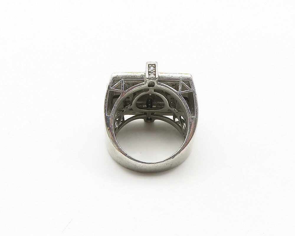 925 Sterling Silver  Vintage Topaz Two Tone Square Cocktail Ring Sz 9  RG18306