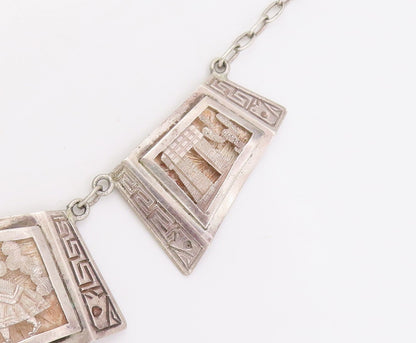 925 Sterling Silver Vintage Necklace Carved Storyteller Panel Choker   NE4684