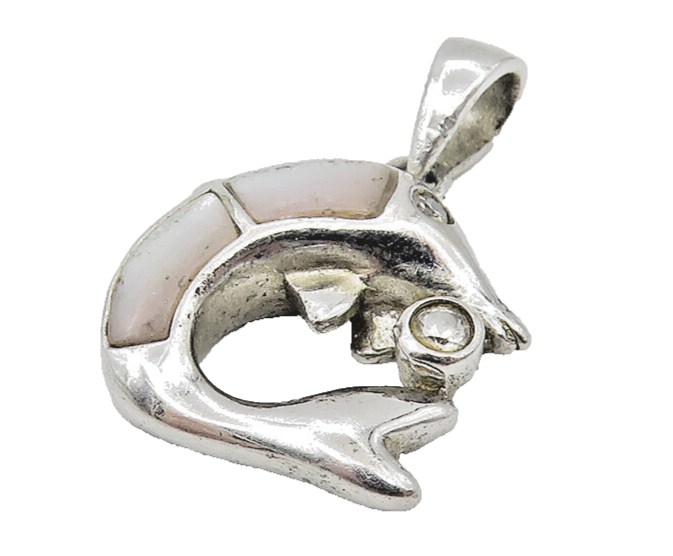 925 Sterling Silver  Vintage Mother Of Pearl & Topaz Dolphin Pendant  PT9171