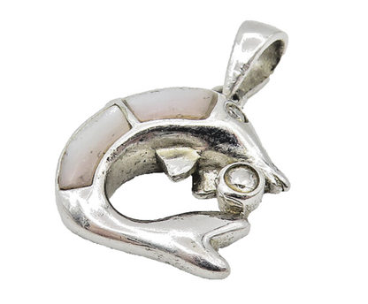 925 Sterling Silver  Vintage Mother Of Pearl & Topaz Dolphin Pendant  PT9171