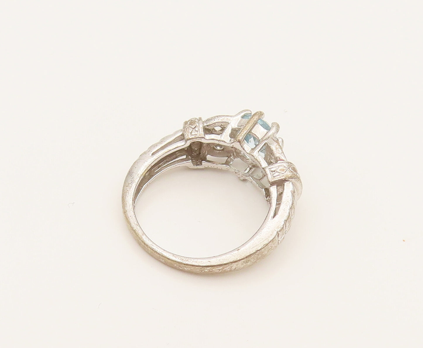925 Silver  Vintage Fancy Blue & White Topaz Leaf Shank Ring Sz 6.75  RG26281