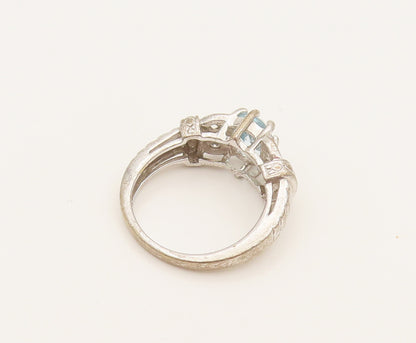 925 Silver  Vintage Fancy Blue & White Topaz Leaf Shank Ring Sz 6.75  RG26281