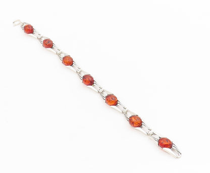 925 Sterling Silver Vintage Bracelet Cabochon Honey Amber Link Chain  BT11536