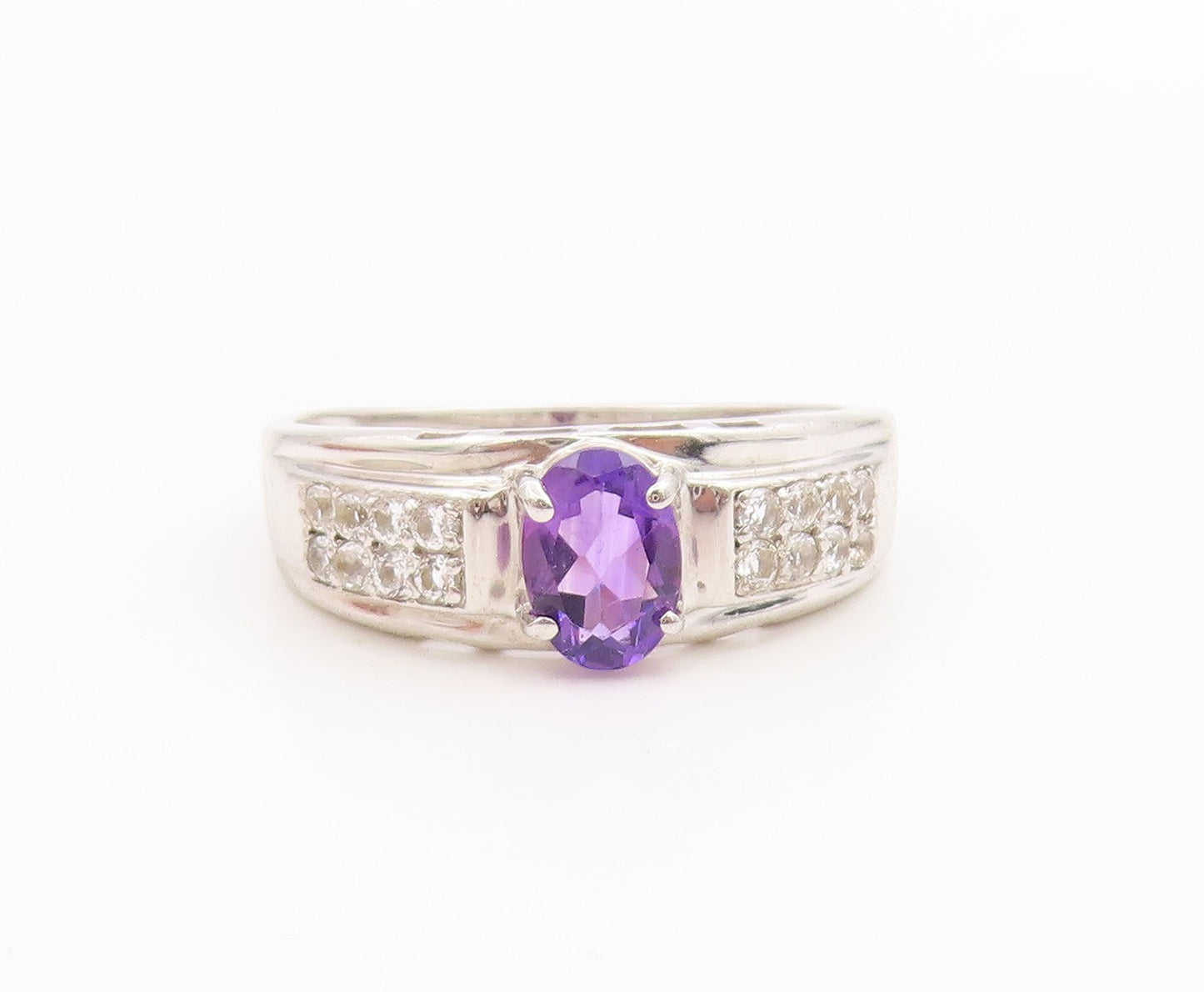 925 Sterling Silver Vintage Ring Amethyst & CZ Statement Band  Sz 10  RG36151
