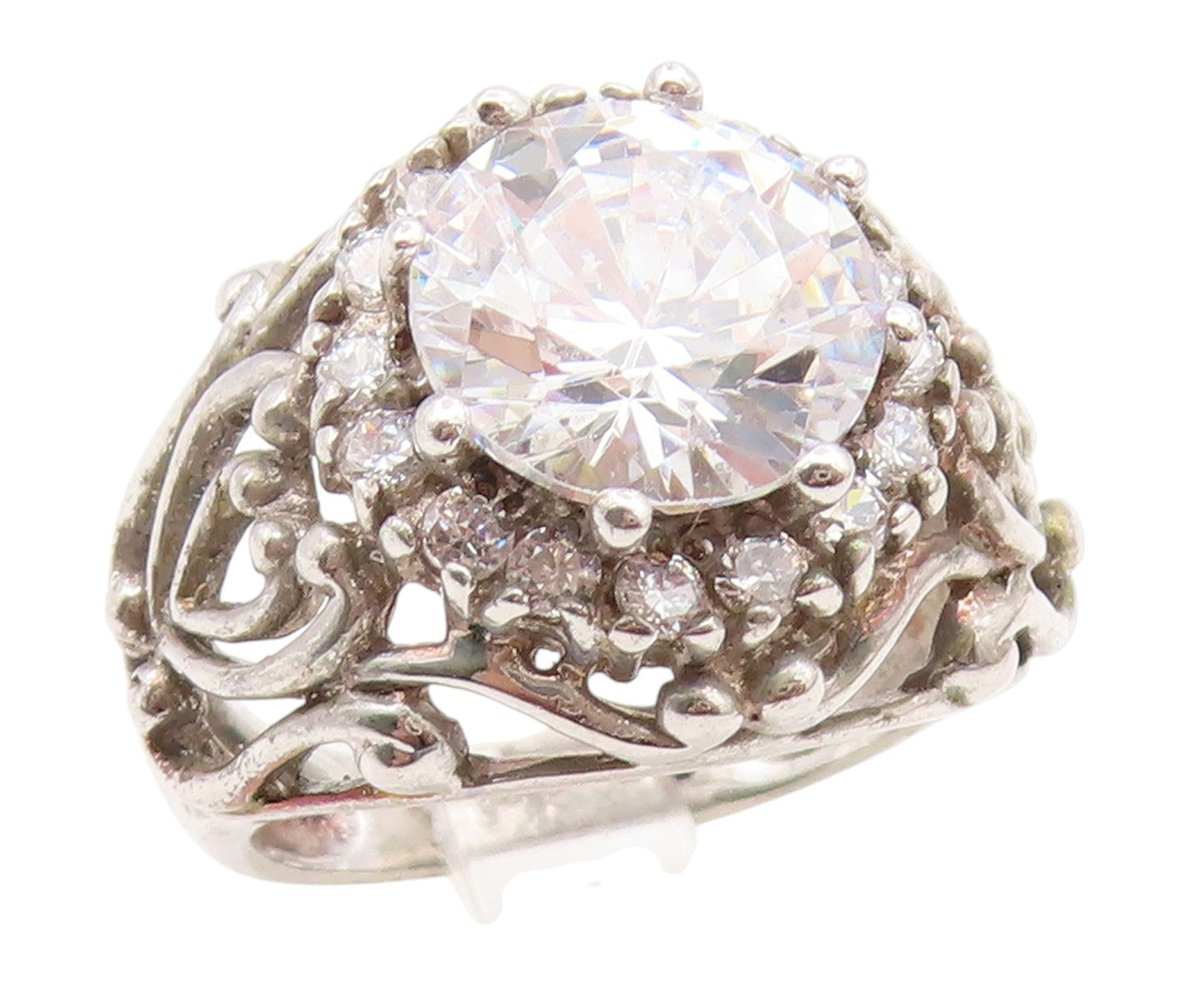 925 Sterling Silver Vintage Ring CZ Intricate Openwork Design  Sz 7.5  RG35223