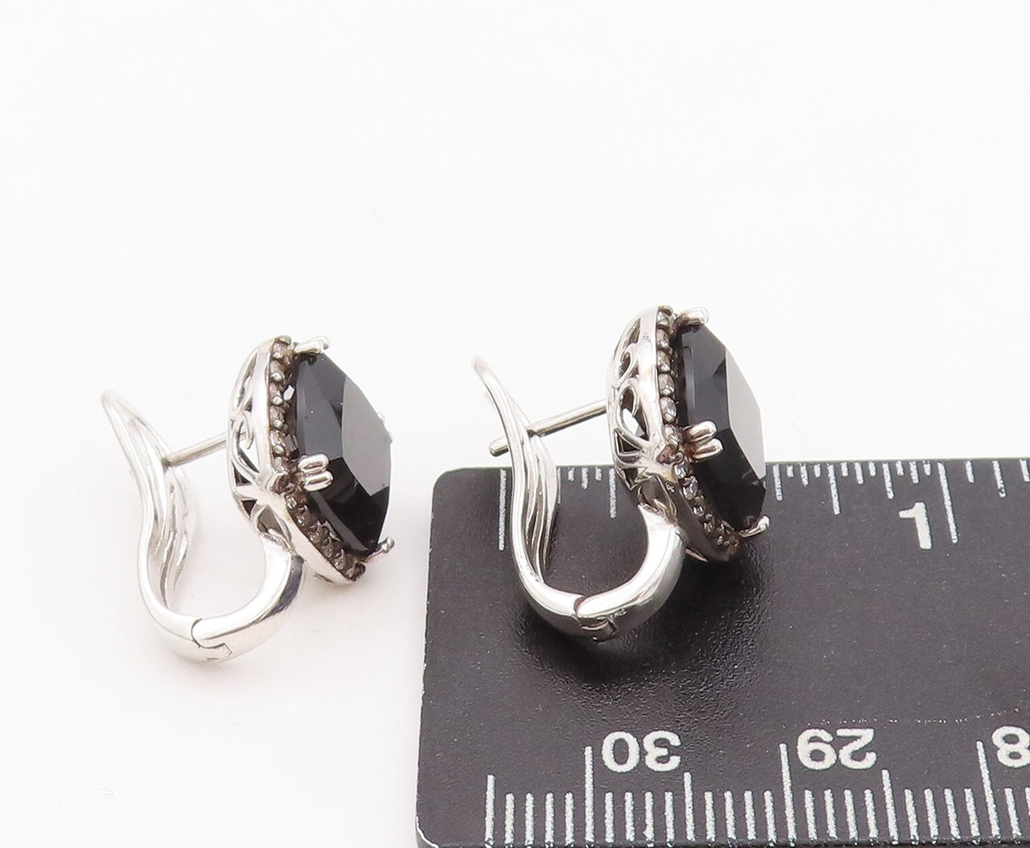 925 Sterling Silver Vintage Earrings Square Cut Onyx Halo CZ Farme  EG13107