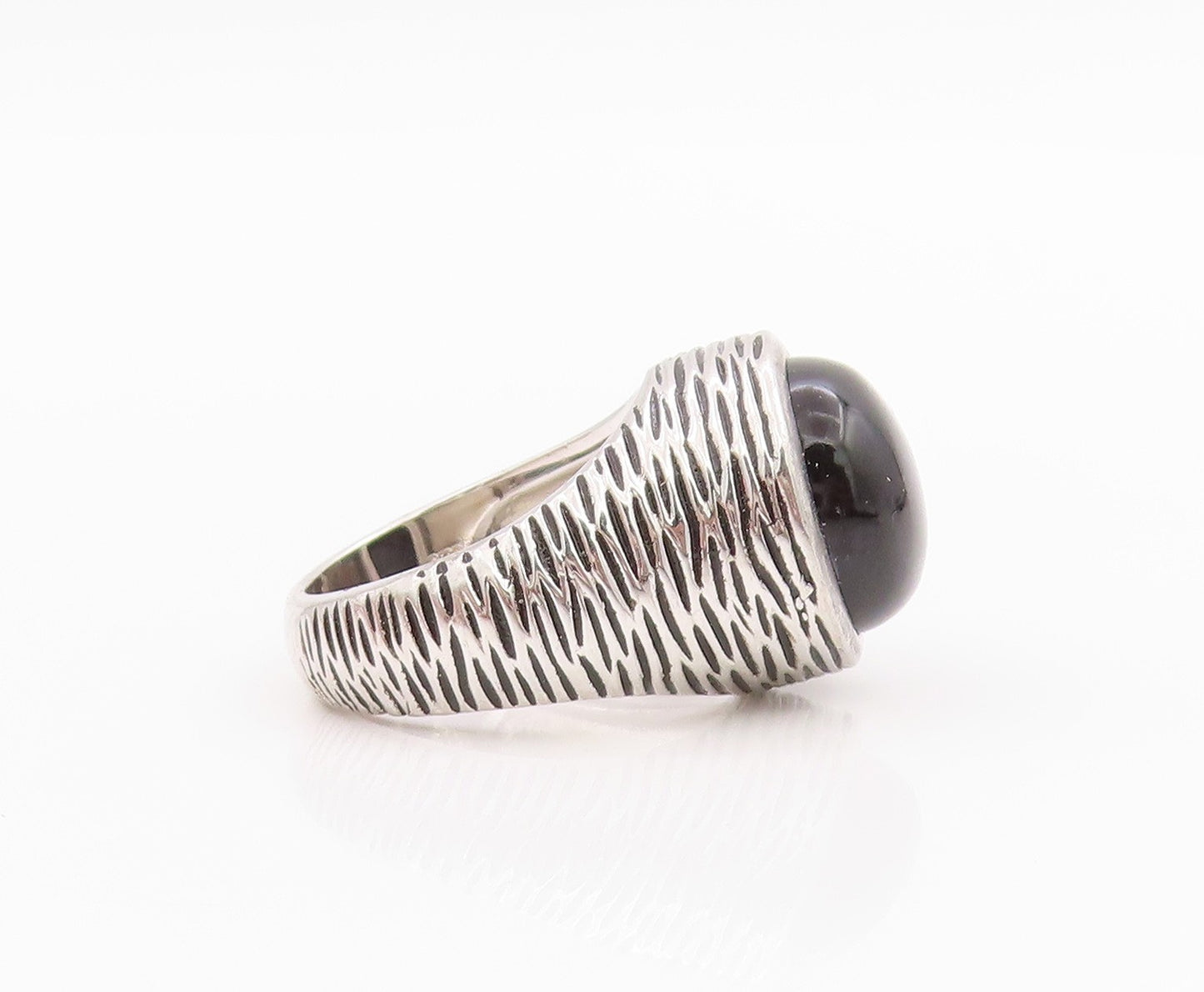 925 Sterling Silver Vintage Ring Grooved Cabochon Round Onyx  Sz 6.5  RG33178