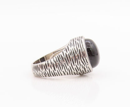 925 Sterling Silver Vintage Ring Grooved Cabochon Round Onyx  Sz 6.5  RG33178