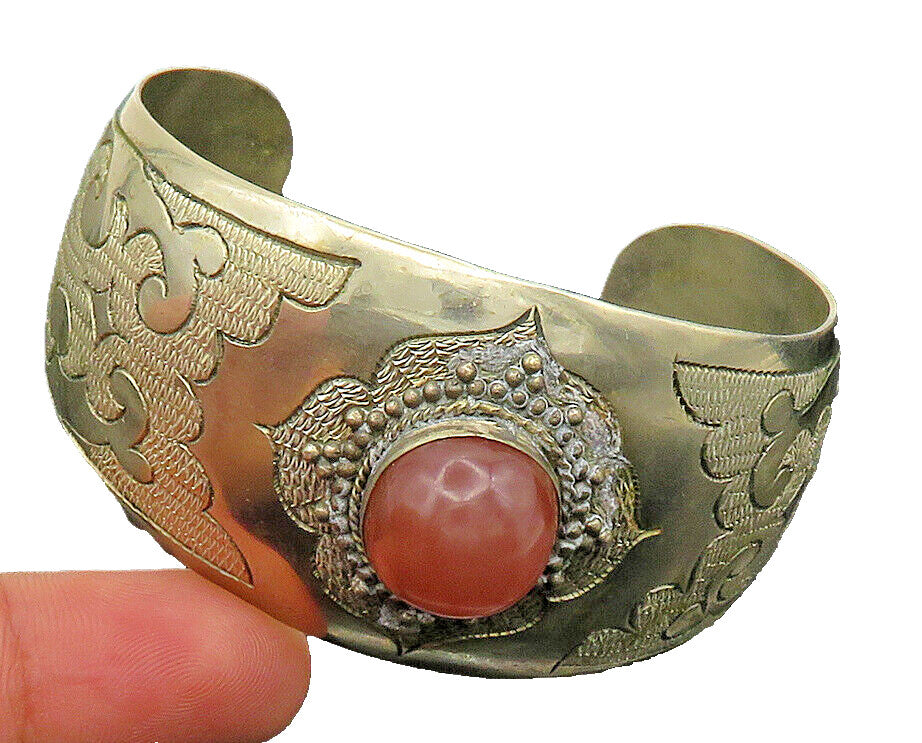 925 Sterling Silver Vintage Carnelian Beaded Swirl Wide Cuff Bracelet BT9347