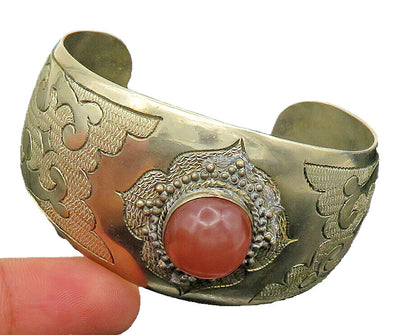 925 Sterling Silver Vintage Carnelian Beaded Swirl Wide Cuff Bracelet BT9347