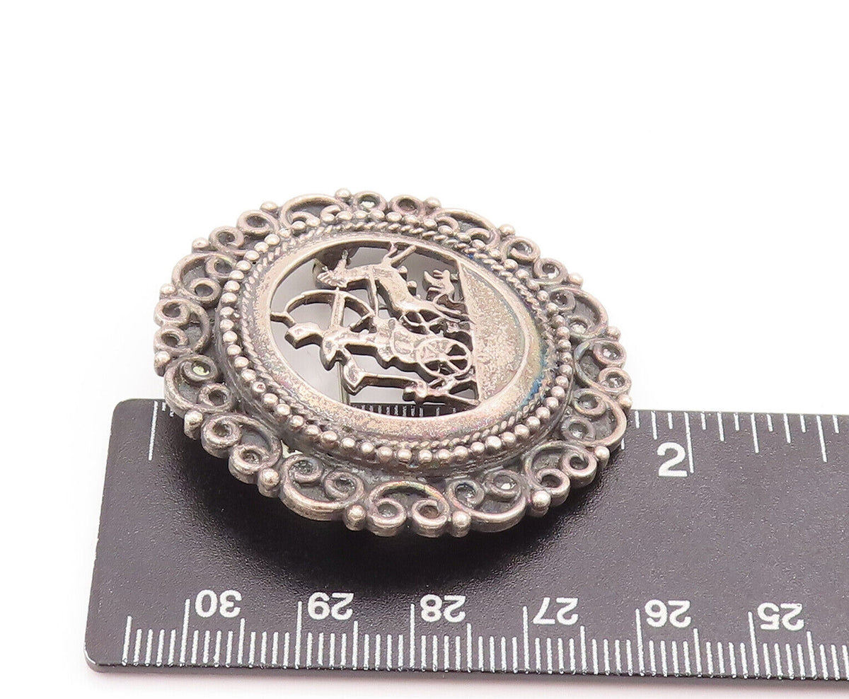 925 Sterling Silver Vintage Brooch Pin Antique Carved War Landscape  BP10887