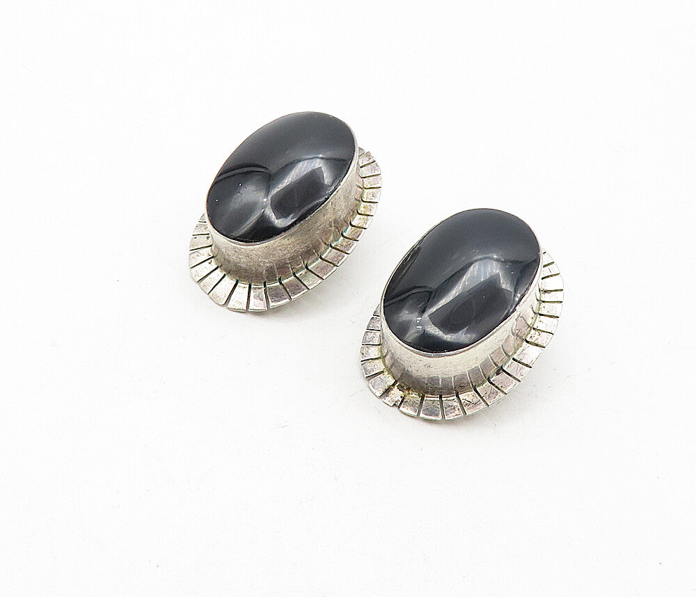 MEXICO 925 Sterling Silver  Vintage Black Onyx Oval Non Pierce Earrings EG3856