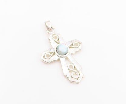 925 Sterling Silver Vintage Pendant Cabochon Larimar Religious Cross  PT26113