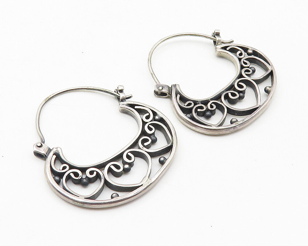925 Sterling Silver  Vintage Dark Tone Love Heart Swirl Hoop Earrings  EG5774