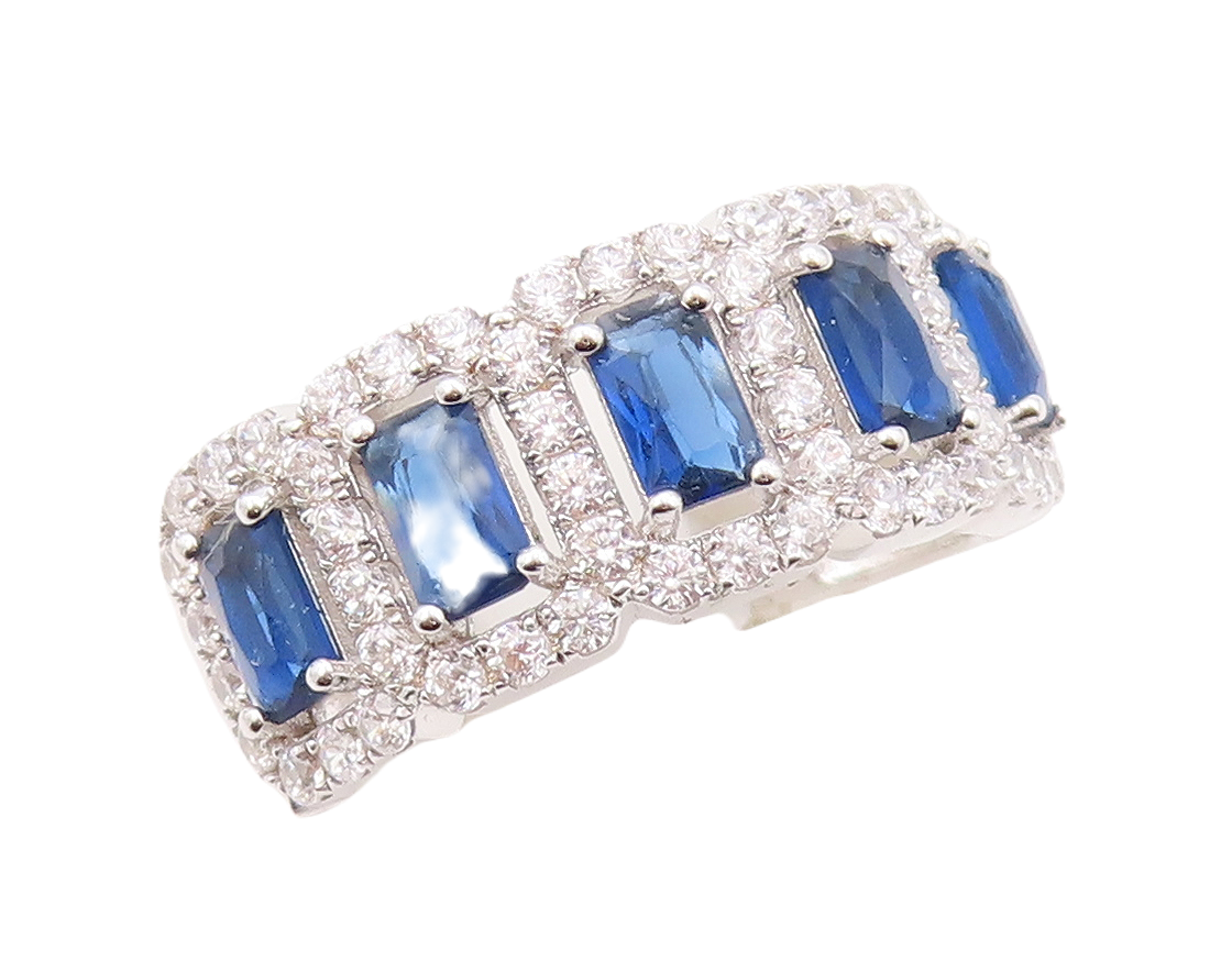 925 Sterling Silver Vintage Ring Rectangle Sapphire Halo CZ Inlay Sz 7.5 RG30817