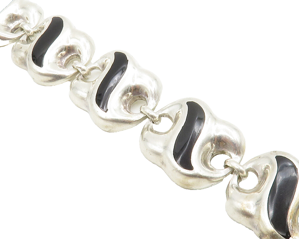 MEXICO 925 Sterling Silver Vintage Black Onyx Shiny Chain Bracelet BT5130