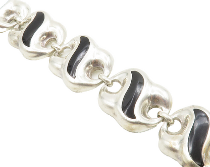 MEXICO 925 Sterling Silver Vintage Black Onyx Shiny Chain Bracelet BT5130
