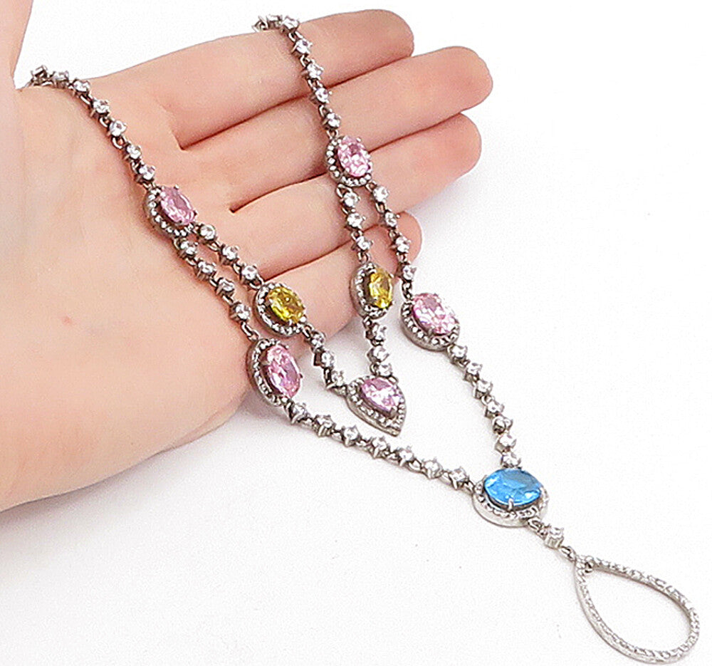 925 Sterling Silver  Vintage Topaz & Cubic Zirconia Chain Necklace  NE1126