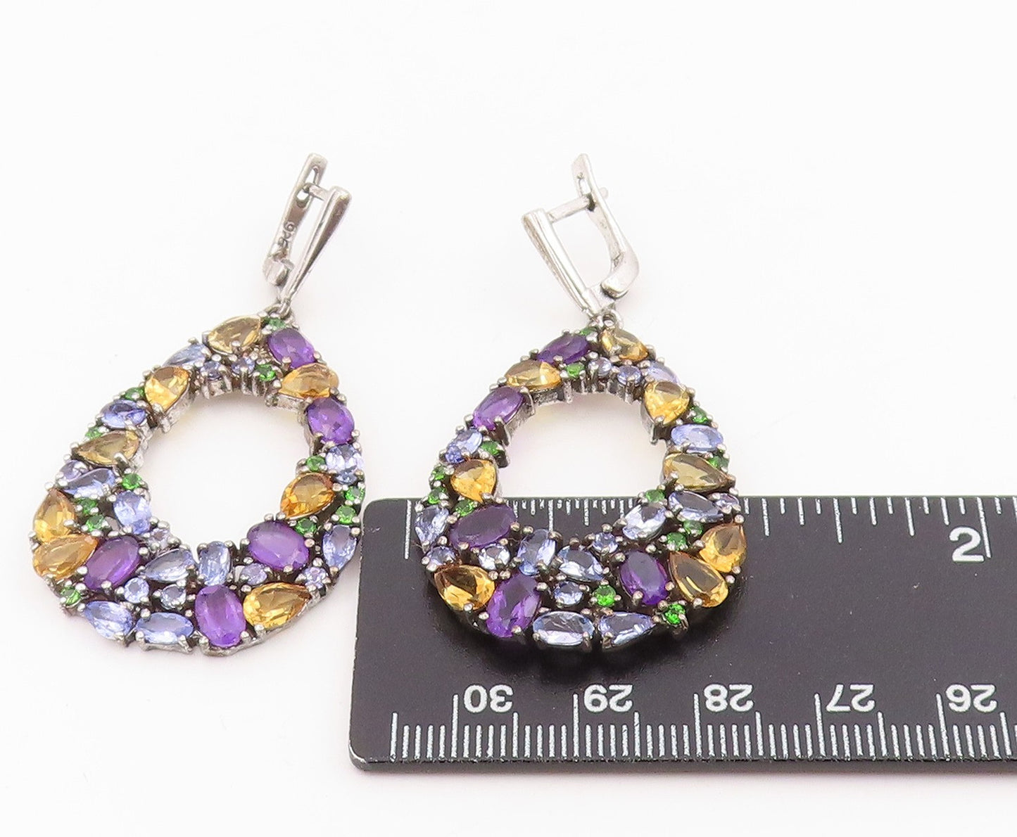 925 Sterling Silver Vintage Earrings Multi Gemstone Teardrop Cluster  EG13854