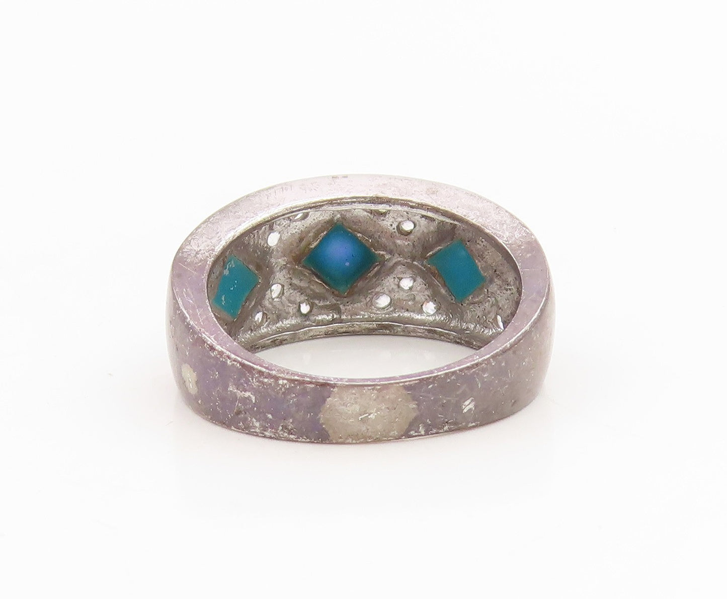 925 Sterling Silver Vintage Ring Fire Opal & CZ Statement Band  Sz 7  RG35023