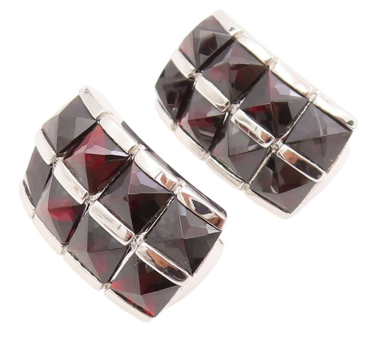 925 Sterling Silver Vintage Earrings Two Row Inside Out Garnet Inlay  EG13398