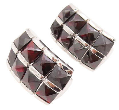 925 Sterling Silver Vintage Earrings Two Row Inside Out Garnet Inlay  EG13398