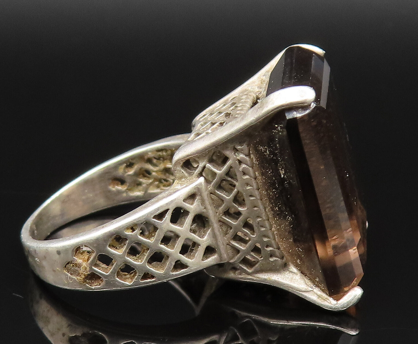 925 Silver Vintage Square Smoky Quartz Open Pattern Band Ring Sz 7.5  RG25394