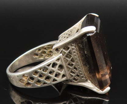 925 Silver Vintage Square Smoky Quartz Open Pattern Band Ring Sz 7.5  RG25394
